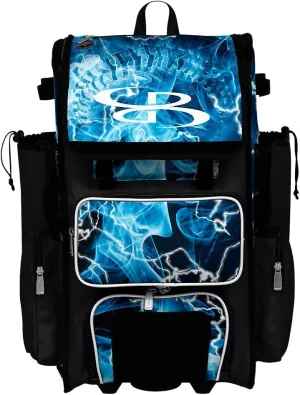 Boombah Rolling Superpack 2.0 Baseball/Softball Gear Bag - 23-1/2" x 13-1/2" x 9-1/2" - Telescopic Handle - Holds 4 Bats - Wheeled Version - The Natural 3.0 Black/White/Columbia Blue