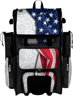 Boombah Rolling Superpack 2.0 Baseball/Softball Gear Bag - 23-1/2" x 13-1/2" x 9-1/2" - Telescopic Handle - Holds 4 Bats - Wheeled Version - USA Nation White/Royal Blue/Black