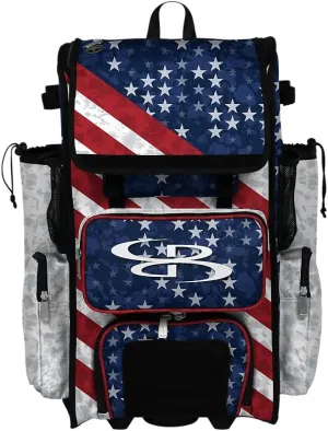Boombah Rolling Superpack 2.0 Baseball/Softball Gear Bag - 23-1/2" x 13-1/2" x 9-1/2" - Telescopic Handle - Holds 4 Bats - Wheeled Version - USA United Navy/Red/White