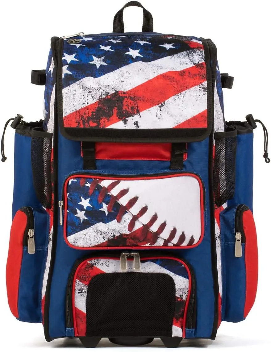 Boombah Rolling Superpack 2.0 Baseball/Softball Gear Bag - 23-1/2" x 13-1/2" x 9-1/2" - USA Baseball Royal/Red/White - Telescopic Handle - Holds 4 Bats - Wheeled Version