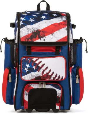 Boombah Rolling Superpack 2.0 Baseball/Softball Gear Bag - 23-1/2" x 13-1/2" x 9-1/2" - USA Baseball Royal/Red/White - Telescopic Handle - Holds 4 Bats - Wheeled Version