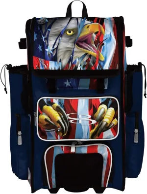 Boombah Rolling Superpack 2.0 Baseball/Softball Gear Bag - 23-1/2" x 13-1/2" x 9-1/2" - USA Breakout Navy/White/Red - Telescopic Handle - Holds 4 Bats - Wheeled Version