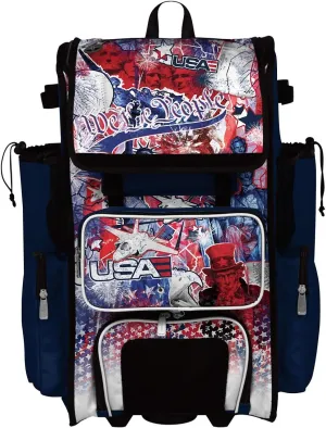 Boombah Rolling Superpack 2.0 Baseball/Softball Gear Bag - 23-1/2" x 13-1/2" x 9-1/2" - USA Liberty Navy/White/Red - Telescopic Handle - Holds 4 Bats - Wheeled Version
