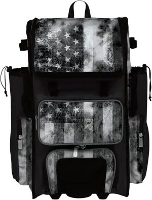 Boombah Rolling Superpack 2.0 Baseball/Softball Gear Bag - 23-1/2" x 13-1/2" x 9-1/2" - USA Old Glory Black Ops Black/Charcoal/White - Telescopic Handle - Holds 4 Bats - Wheeled Version