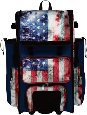 Boombah Rolling Superpack 2.0 Baseball/Softball Gear Bag - 23-1/2" x 13-1/2" x 9-1/2" - USA Old Glory Navy/Red/White - Telescopic Handle - Holds 4 Bats - Wheeled Version