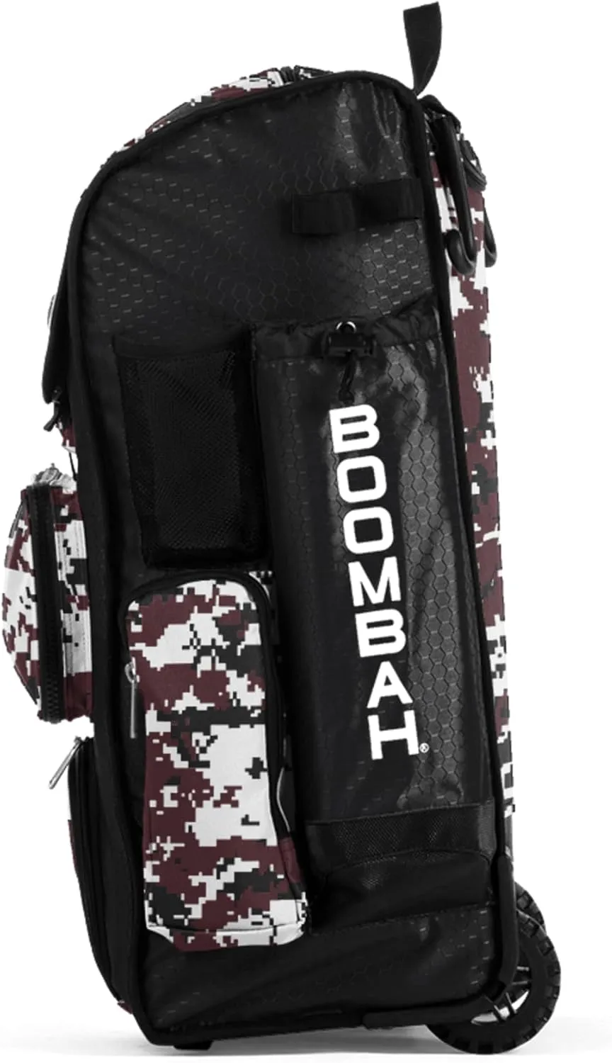Boombah Rolling Superpack Baseball/Softball Gear Bag - 23-1/2" x 13-1/2" x 9-1/2" - Digital Camo Black/Maroon - Telescopic Handle - Holds 4 Bats - Wheeled Version
