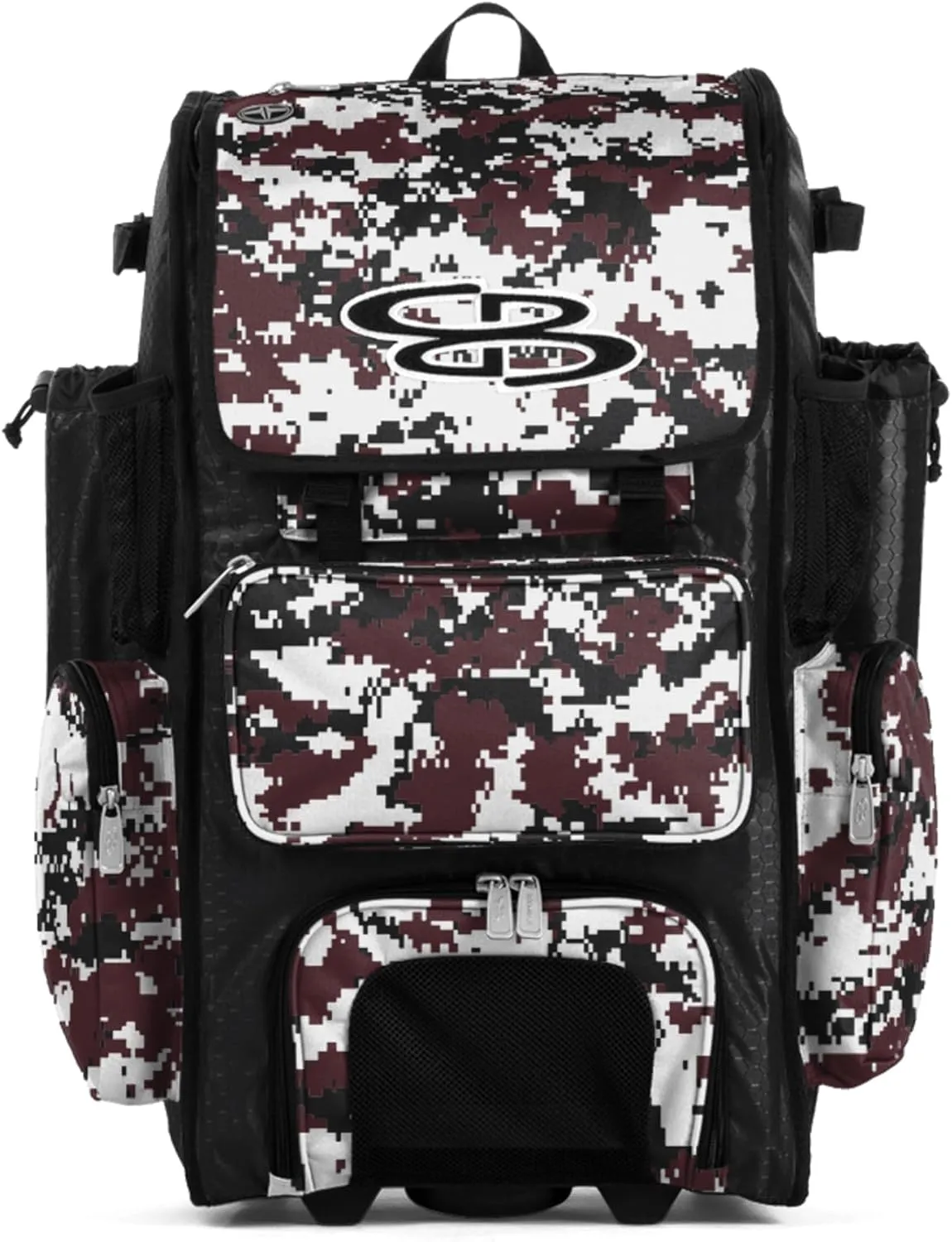 Boombah Rolling Superpack Baseball/Softball Gear Bag - 23-1/2" x 13-1/2" x 9-1/2" - Digital Camo Black/Maroon - Telescopic Handle - Holds 4 Bats - Wheeled Version