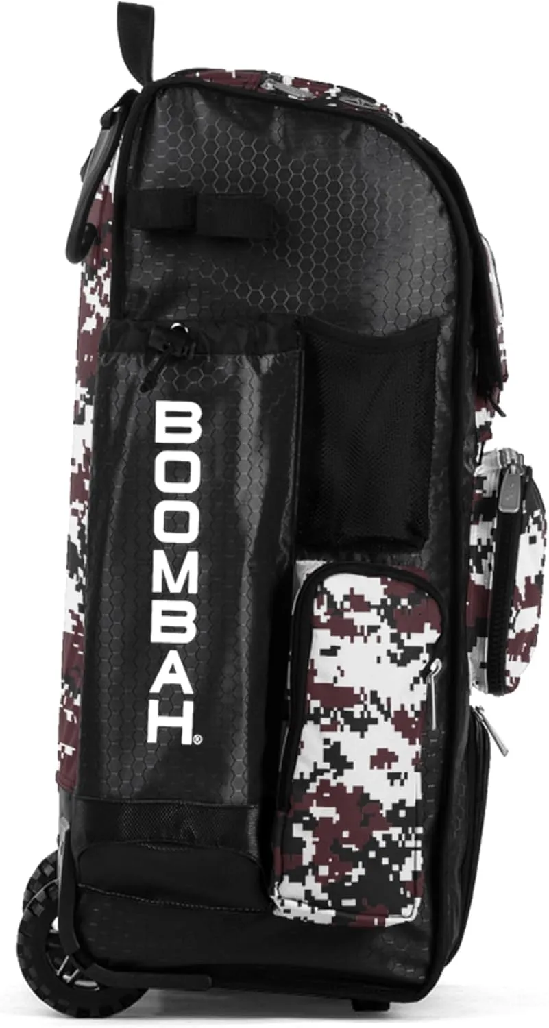 Boombah Rolling Superpack Baseball/Softball Gear Bag - 23-1/2" x 13-1/2" x 9-1/2" - Digital Camo Black/Maroon - Telescopic Handle - Holds 4 Bats - Wheeled Version