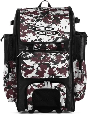 Boombah Rolling Superpack Baseball/Softball Gear Bag - 23-1/2" x 13-1/2" x 9-1/2" - Digital Camo Black/Maroon - Telescopic Handle - Holds 4 Bats - Wheeled Version
