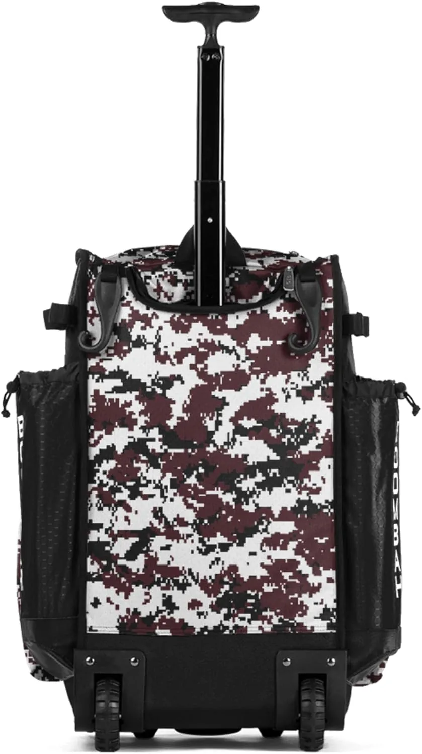 Boombah Rolling Superpack Baseball/Softball Gear Bag - 23-1/2" x 13-1/2" x 9-1/2" - Digital Camo Black/Maroon - Telescopic Handle - Holds 4 Bats - Wheeled Version