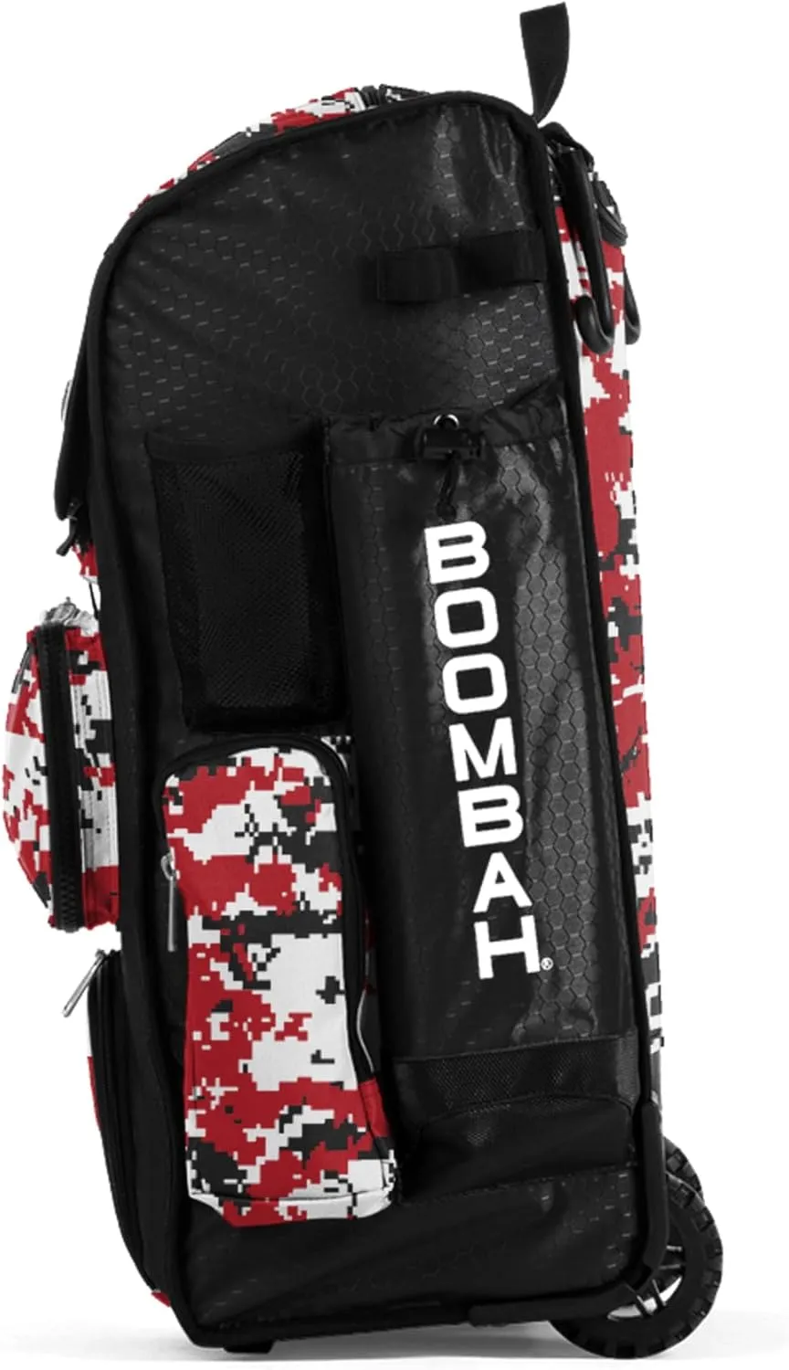 Boombah Rolling Superpack Baseball/Softball Gear Bag - 23-1/2" x 13-1/2" x 9-1/2" - Digital Camo Black/Red - Telescopic Handle - Holds 4 Bats - Wheeled Version