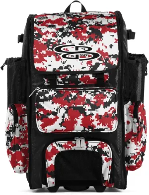Boombah Rolling Superpack Baseball/Softball Gear Bag - 23-1/2" x 13-1/2" x 9-1/2" - Digital Camo Black/Red - Telescopic Handle - Holds 4 Bats - Wheeled Version