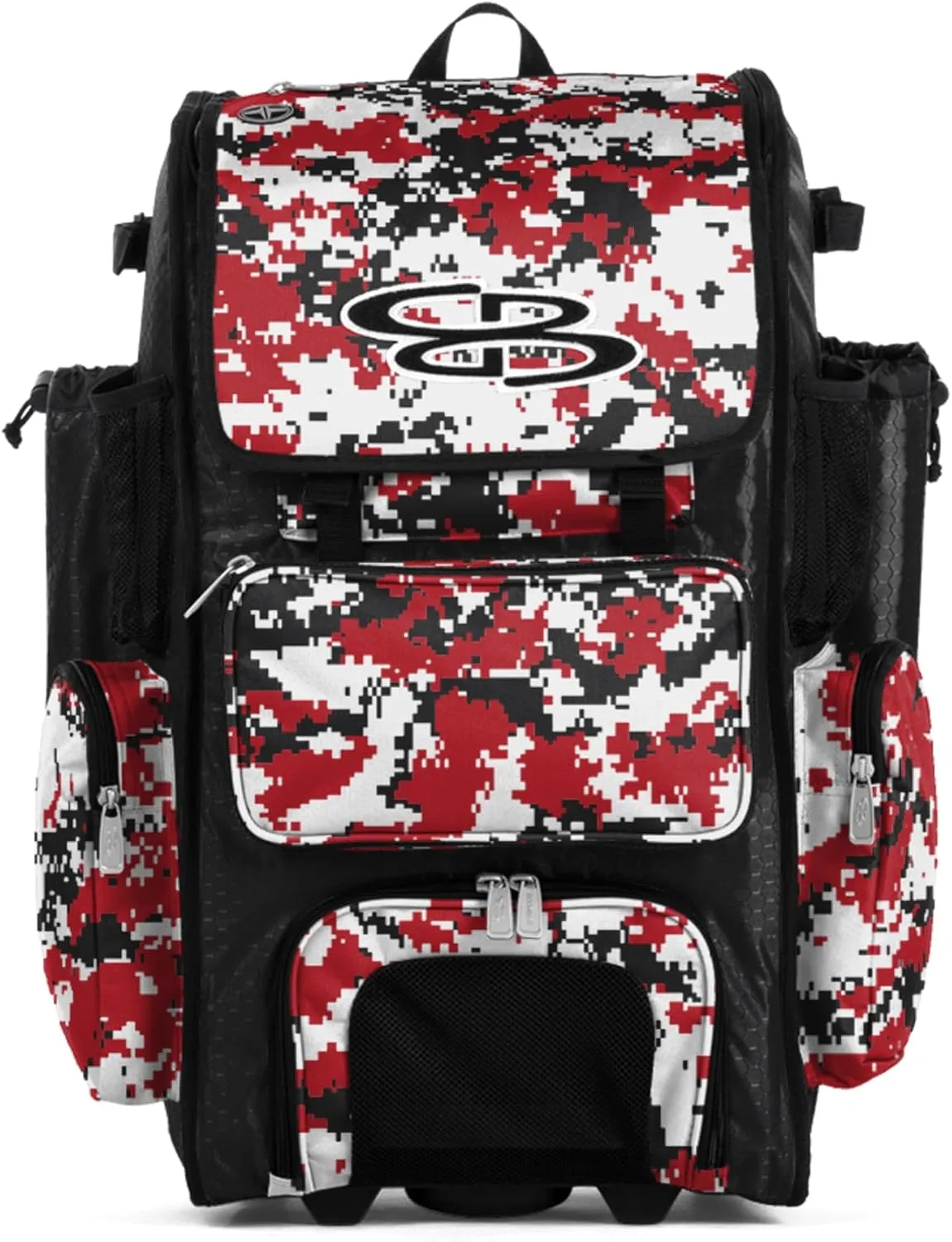 Boombah Rolling Superpack Baseball/Softball Gear Bag - 23-1/2" x 13-1/2" x 9-1/2" - Digital Camo Black/Red - Telescopic Handle - Holds 4 Bats - Wheeled Version