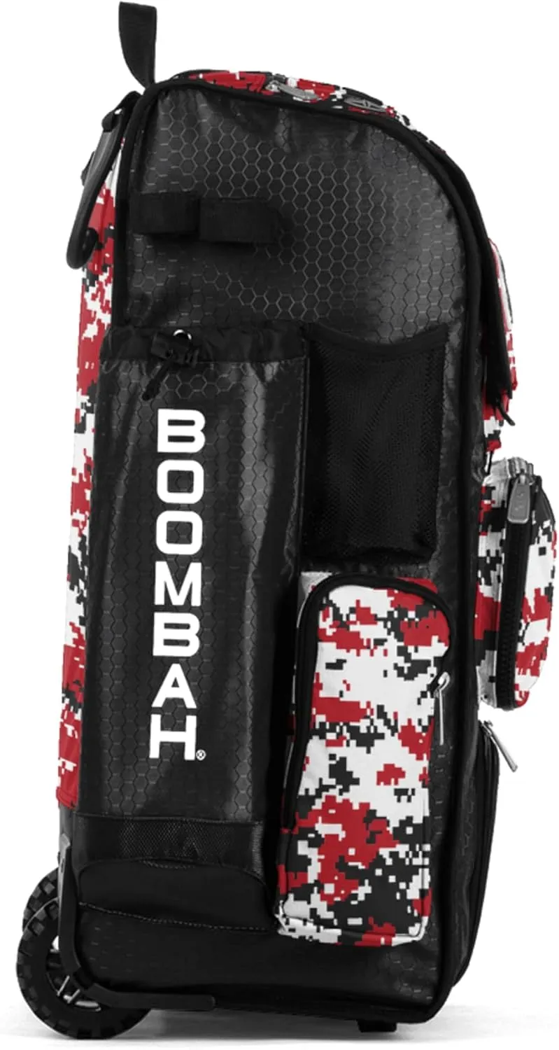 Boombah Rolling Superpack Baseball/Softball Gear Bag - 23-1/2" x 13-1/2" x 9-1/2" - Digital Camo Black/Red - Telescopic Handle - Holds 4 Bats - Wheeled Version