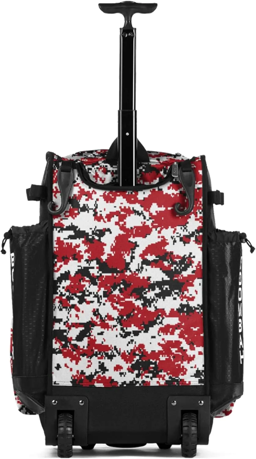 Boombah Rolling Superpack Baseball/Softball Gear Bag - 23-1/2" x 13-1/2" x 9-1/2" - Digital Camo Black/Red - Telescopic Handle - Holds 4 Bats - Wheeled Version