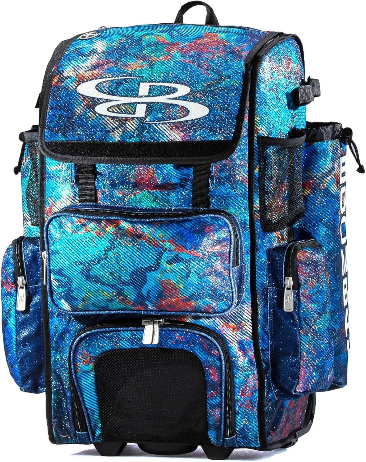 Boombah Rolling Superpack Baseball/Softball Gear Bag - 23-1/2" x 13-1/2" x 9-1/2" - Telescopic Handle - Holds 4 Bats - Wheeled Version - The Natural 2.0 Glitter Multi Orchid/White