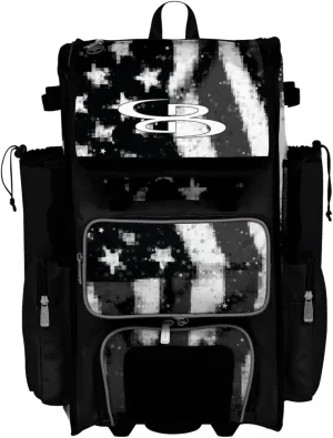 Boombah Rolling Superpack Baseball/Softball Gear Bag - 23-1/2" x 13-1/2" x 9-1/2" - Telescopic Handle - Holds 4 Bats - Wheeled Version - USA Pixelpop Black Ops Black/White/Steel