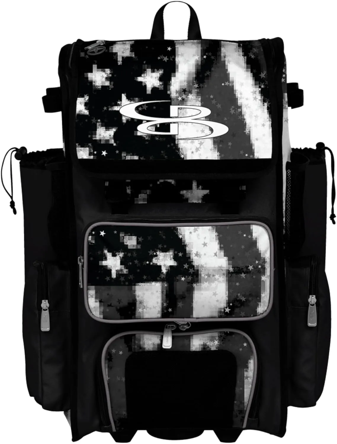 Boombah Rolling Superpack Baseball/Softball Gear Bag - 23-1/2" x 13-1/2" x 9-1/2" - Telescopic Handle - Holds 4 Bats - Wheeled Version - USA Pixelpop Black Ops Black/White/Steel