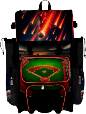 Boombah Rolling Superpack Baseball/Softball Gear Bag - Telescopic Handle - Holds 4 Bats - Wheeled Version - Baseball Meteor Shower Black/Flame/Kelly Green