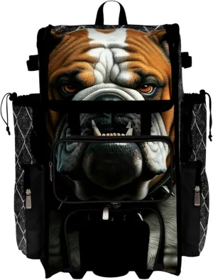 Boombah Rolling Superpack Baseball/Softball Gear Bag - Telescopic Handle - Holds 4 Bats - Wheeled Version - Bulldog Black/Brown/White