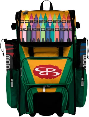 Boombah Rolling Superpack Baseball/Softball Gear Bag - Telescopic Handle - Holds 4 Bats - Wheeled Version - Crayons Multi