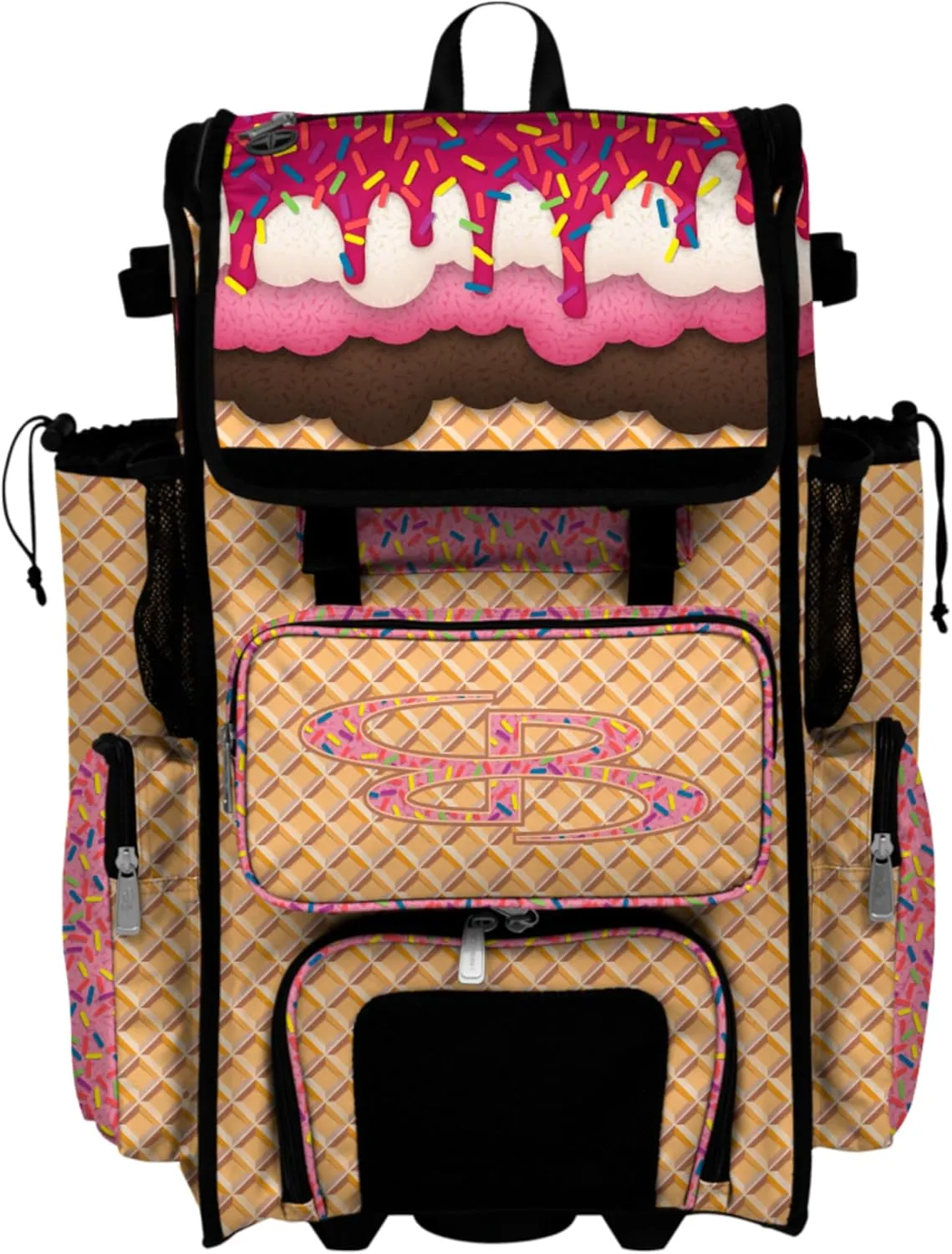 Boombah Rolling Superpack Baseball/Softball Gear Bag - Telescopic Handle - Holds 4 Bats - Wheeled Version - Ice Cream Neapolitan Multi