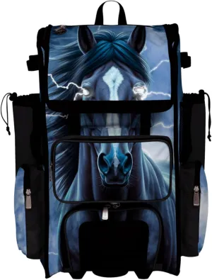 Boombah Rolling Superpack Baseball/Softball Gear Bag - Telescopic Handle - Holds 4 Bats - Wheeled Version - Mustang Black/White/Storm