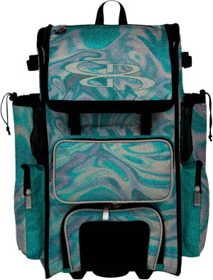 Boombah Rolling Superpack Baseball/Softball Gear Bag - Telescopic Handle - Holds 4 Bats - Wheeled Version - Shake Glitter Aqua/White/Tropical Green