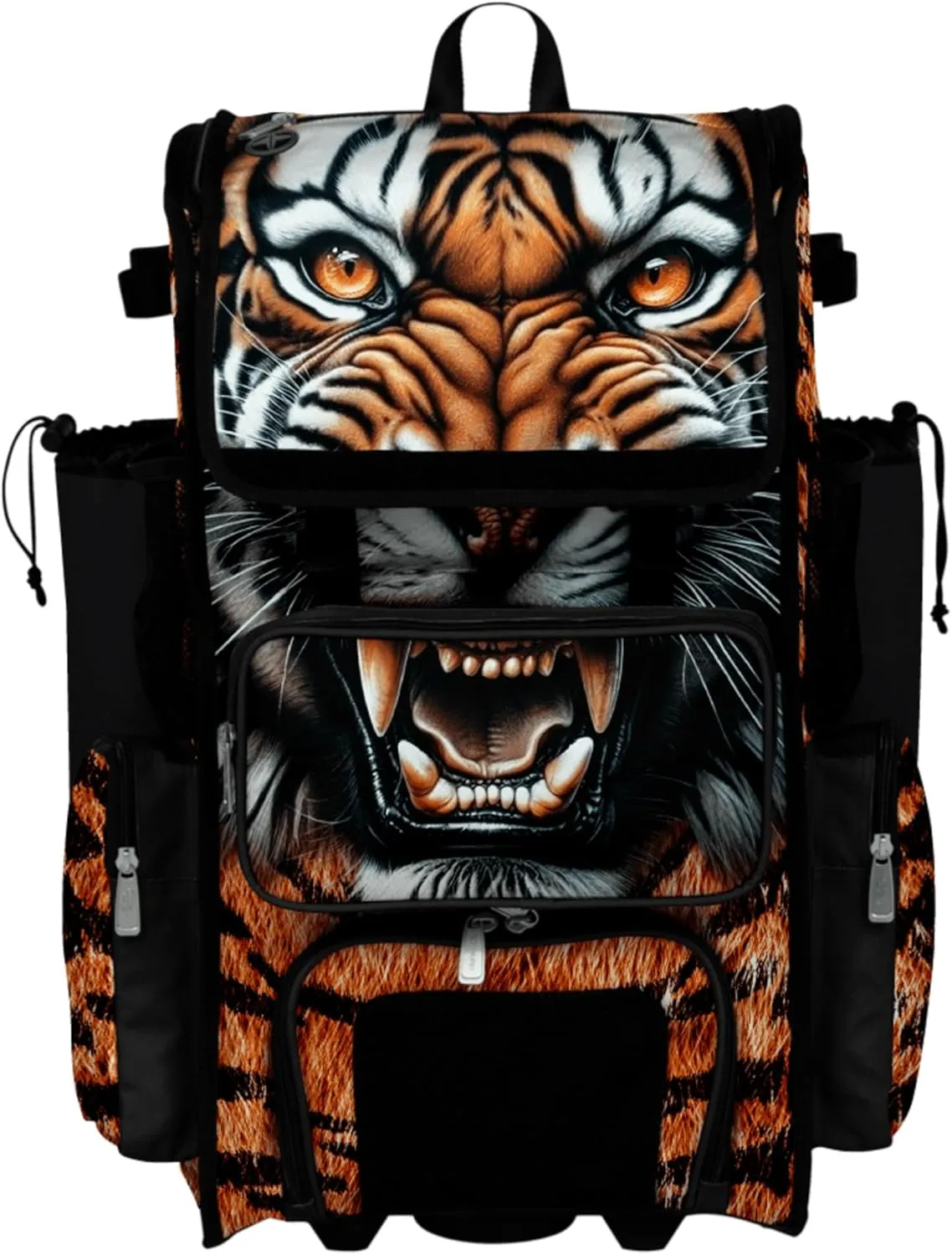 Boombah Rolling Superpack Baseball/Softball Gear Bag - Telescopic Handle - Holds 4 Bats - Wheeled Version - Tiger Black/Orange/White