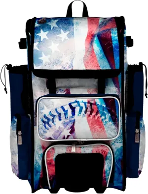 Boombah Rolling Superpack Baseball/Softball Gear Bag - Telescopic Handle - Holds 4 Bats - Wheeled Version - USA Baseball Flag White/Royal Blue/Red