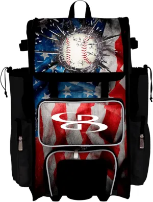 Boombah Rolling Superpack Baseball/Softball Gear Bag - Telescopic Handle - Holds 4 Bats - Wheeled Version - USA Baseball Grand Slam Black/Red/White