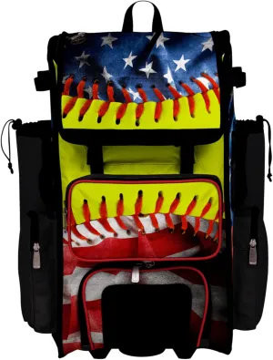 Boombah Rolling Superpack Baseball/Softball Gear Bag - Telescopic Handle - Holds 4 Bats - Wheeled Version - USA Softball Represent Red/Royal Blue/Optic Yellow