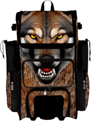 Boombah Rolling Superpack Baseball/Softball Gear Bag - Telescopic Handle - Holds 4 Bats - Wheeled Version - Wolf Black/Brown/White