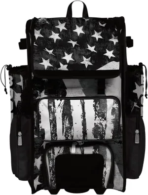 Boombah Superpack Hybrid Rolling Bat Bag - USA Old Stars & Stripes Black Ops Black/White - Wheeled & Backpack Version