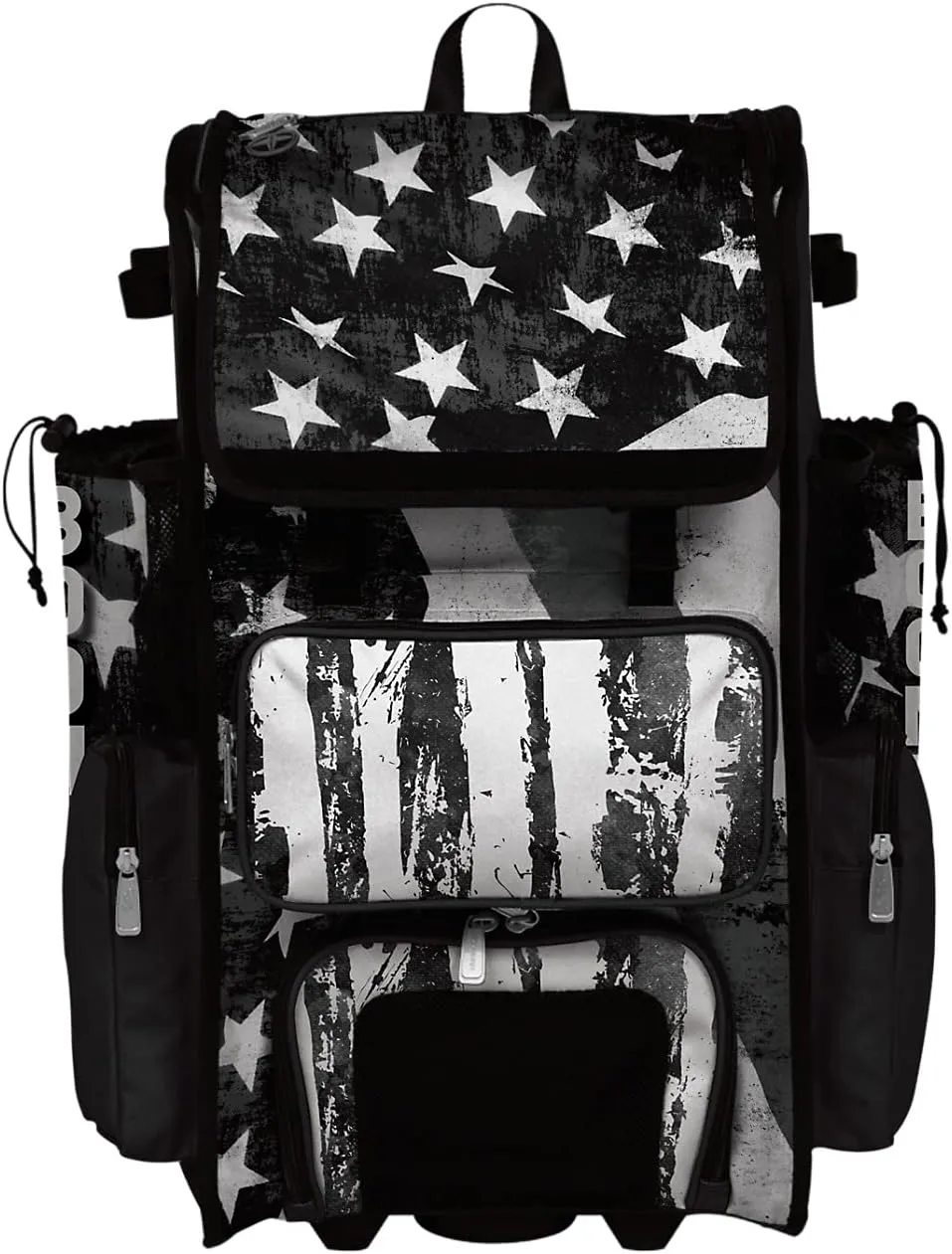 Boombah Superpack Hybrid Rolling Bat Bag - USA Old Stars & Stripes Black Ops Black/White - Wheeled & Backpack Version