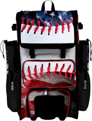 Boombah Superpack Hybrid Rolling Bat Bag - Wheeled & Backpack Version - USA Baseball Represent Red/Royal Blue/White