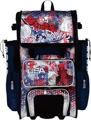 Boombah Superpack Hybrid Rolling Bat Bag - Wheeled & Backpack Version - USA Liberty Navy/White