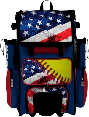 Boombah Superpack Hybrid Rolling Bat Bag - Wheeled & Backpack Version - USA Softball Royal Blue/Red/Optic Yellow