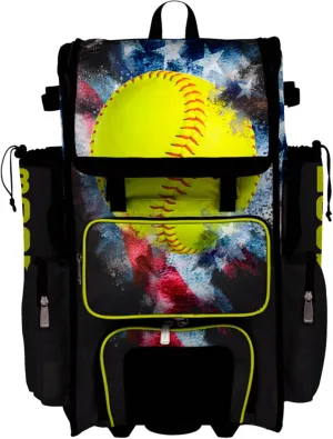 Boombah Superpack Hybrid Rolling Bat Bag - Wheeled & Backpack Version - USA Softball Vintage Black/Red/Optic Yellow