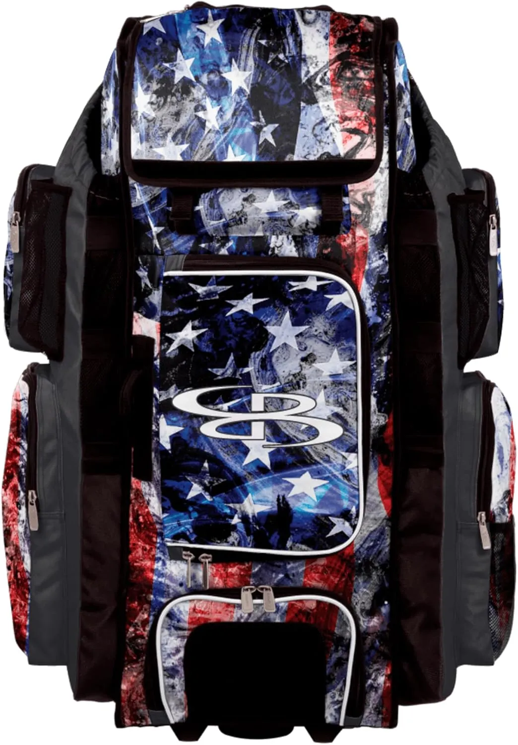 Boombah Superpack XL Rolling Bat Bag - 36" x 16" x 23.5" - Telescopic Handle - Holds 8 Bats - Wheeled Version - USA Allegiance Charcoal/Royal Blue/White