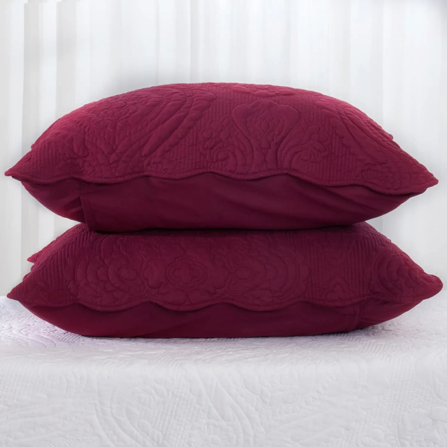 BOSOWOS Quilted Pillow Shams Set of 2, Decorative Microfiber King Bed Pillow Shams, Soft Breathable Pillow Covers with Envelope Closure (Burgundy, 2Pcs:20 x 36inch)