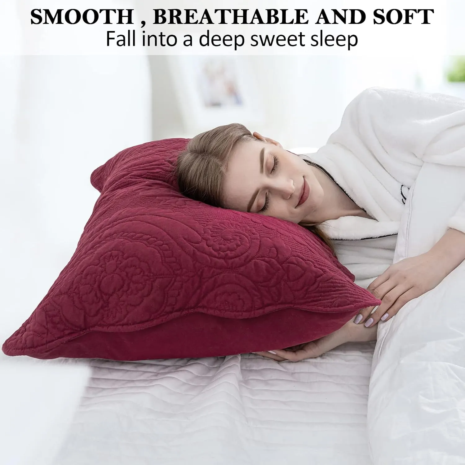 BOSOWOS Quilted Pillow Shams Set of 2, Decorative Microfiber King Bed Pillow Shams, Soft Breathable Pillow Covers with Envelope Closure (Burgundy, 2Pcs:20 x 36inch)