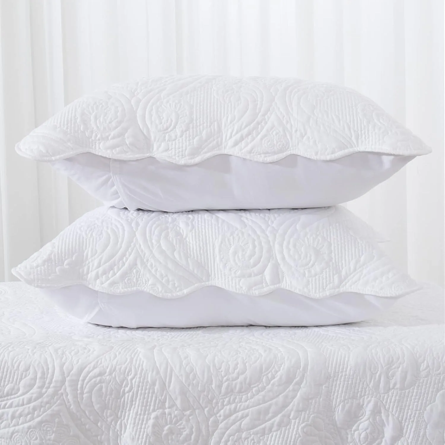 BOSOWOS Quilted Pillow Shams Set of 2, Decorative Microfiber King Bed Pillow Shams, Soft Breathable Pillow Covers with Envelope Closure (White, 2Pcs:20 x 36inch)