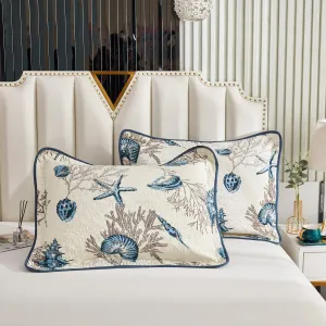 Brandream 100% Cotton Pillow Cases Set of 2 Standard Size Coastal Quilted Pillow Shams Navy Blue Seashells 2-Piece Full Queen Size
