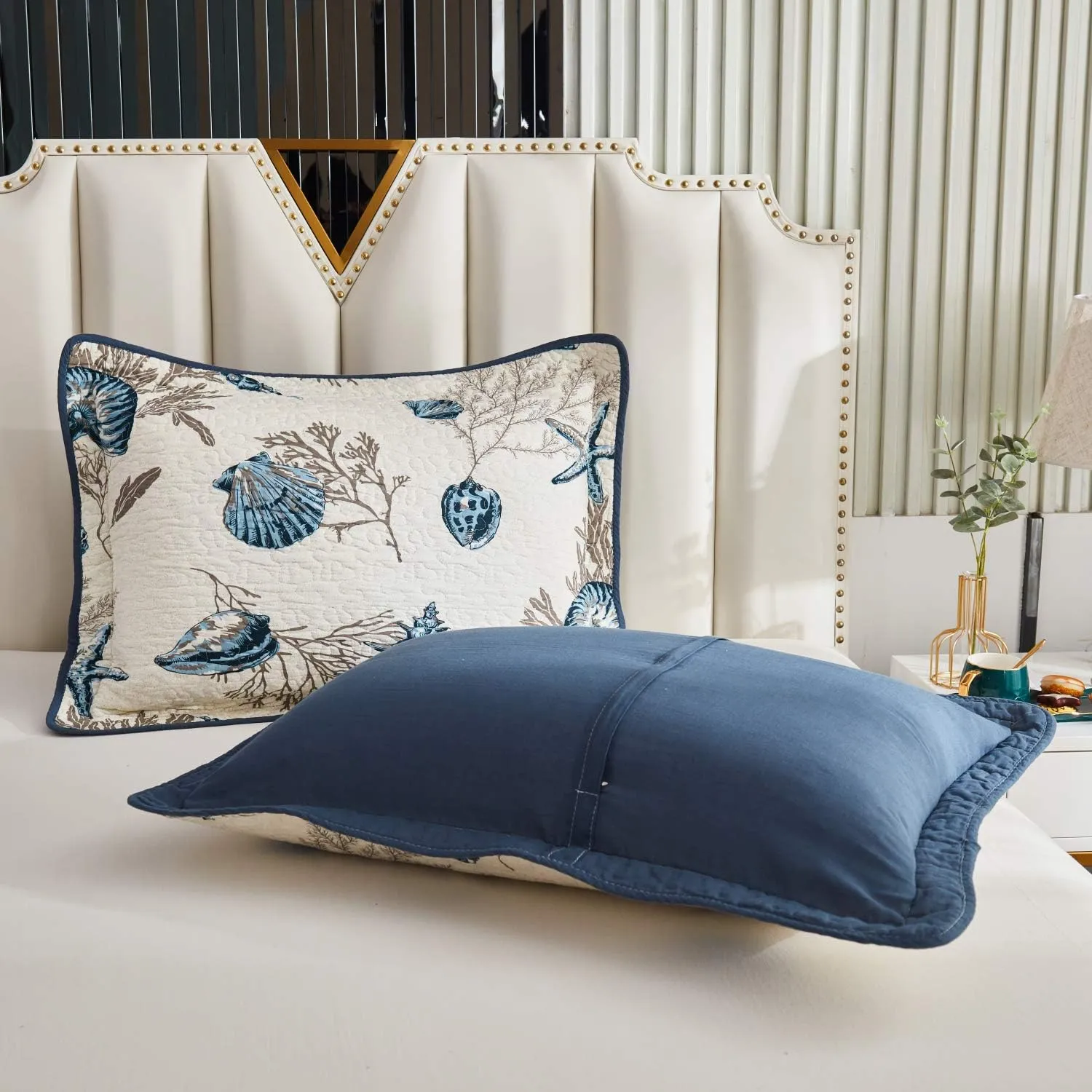 Brandream 100% Cotton Pillow Cases Set of 2 Standard Size Coastal Quilted Pillow Shams Navy Blue Seashells 2-Piece Full Queen Size