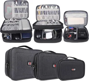 BUBM 3pcs Double Layer Electronic Organizer, Travel Gadgets Bag for Cables, External Flash Drive, Mouse, Memory Card, Power Bank and More, Compact and Multi-purpose, Black