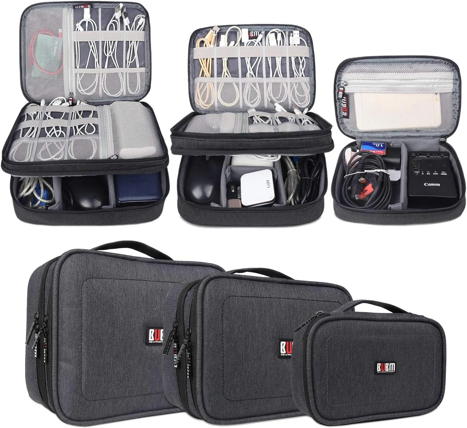 BUBM 3pcs Double Layer Electronic Organizer, Travel Gadgets Bag for Cables, External Flash Drive, Mouse, Memory Card, Power Bank and More, Compact and Multi-purpose, Black