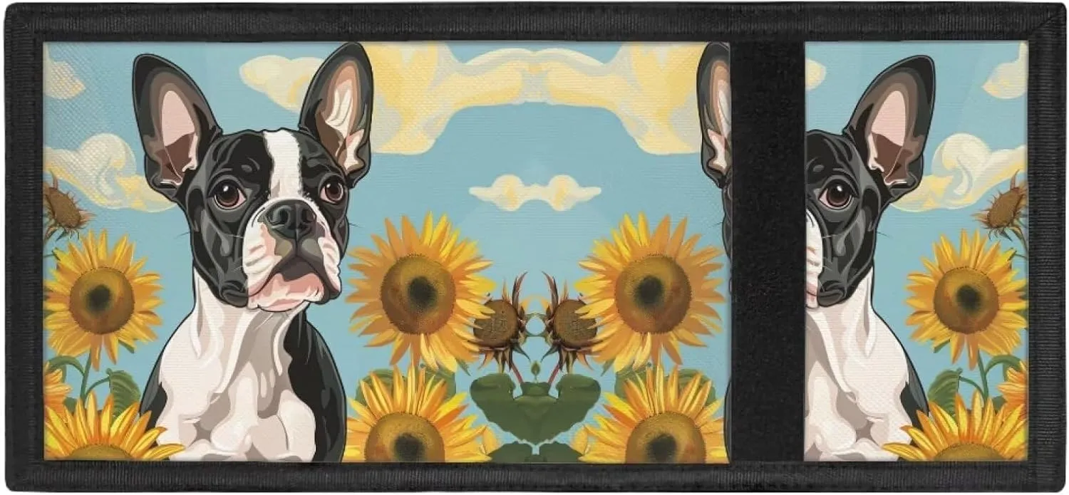 Bulldog Wallet for Girls Cute Sunflower Trifold Card Holder Wallet Organizer for Women Wallet With Coin Pocket Wallet Organizers Card Cases Holder for Men Women Purse Organizer Pouches