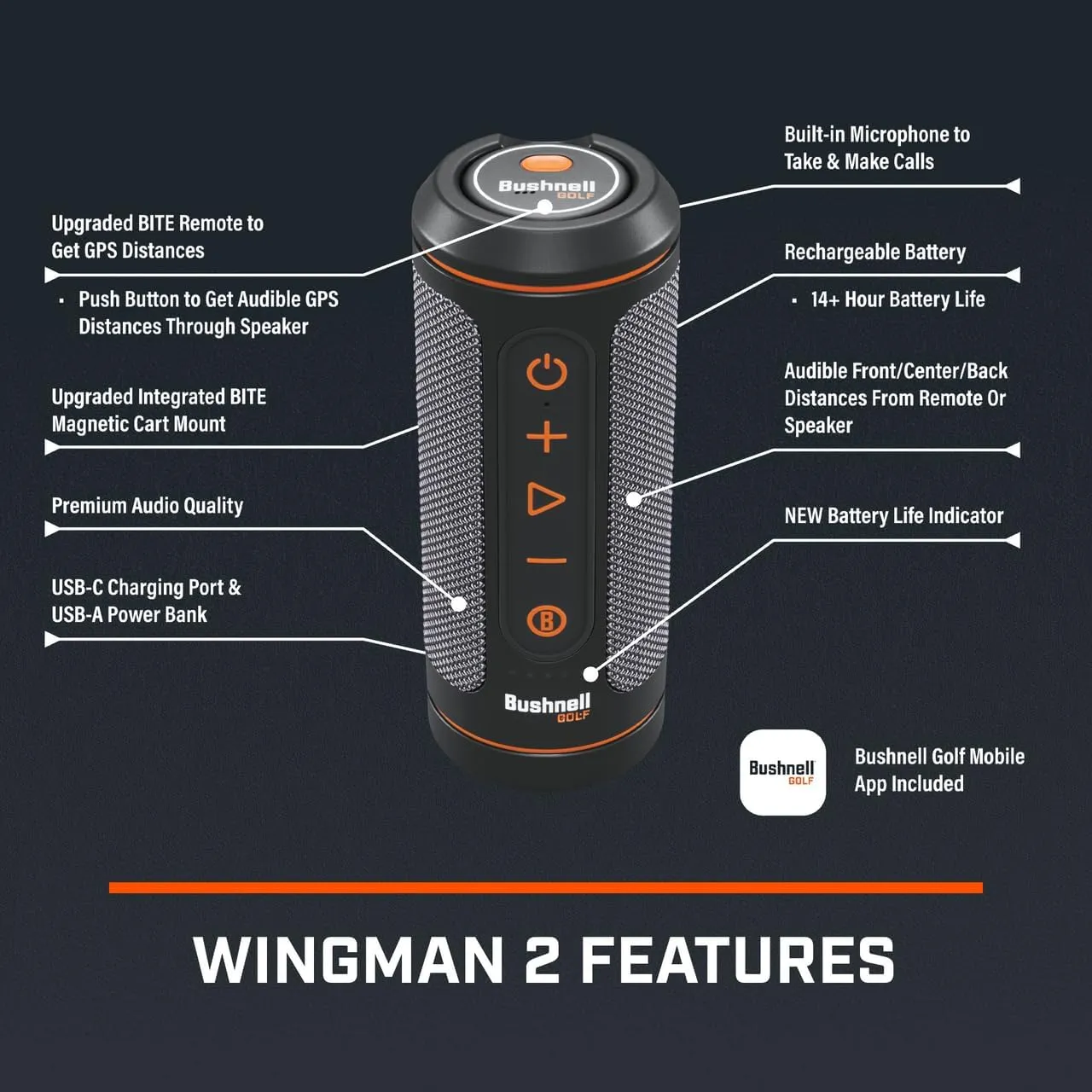Bushnell Wingman 2 Golf Speaker with GPS (2024) | Remote Controlled Voice GPS Distances, Music, 40,000  Courses, BITE Magnetic Cart Mount - Bundle with PlayBetter Protective Wingman Pouch