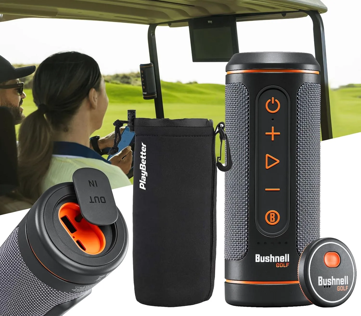 Bushnell Wingman 2 Golf Speaker with GPS (2024) | Remote Controlled Voice GPS Distances, Music, 40,000  Courses, BITE Magnetic Cart Mount - Bundle with PlayBetter Protective Wingman Pouch